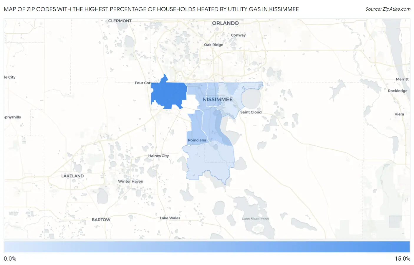 Zip Codes with the Highest Percentage of Households Heated by Utility Gas in Kissimmee Map