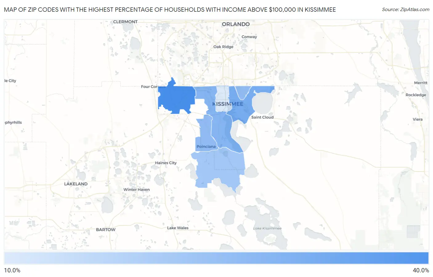 Zip Codes with the Highest Percentage of Households with Income Above $100,000 in Kissimmee Map