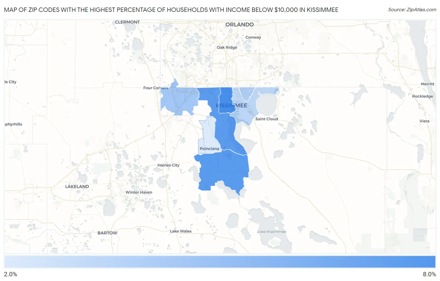 Zip Codes with the Highest Percentage of Households with Income Below $10,000 in Kissimmee Map