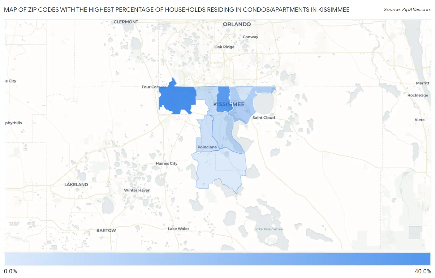 Zip Codes with the Highest Percentage of Households Residing in Condos/Apartments in Kissimmee Map