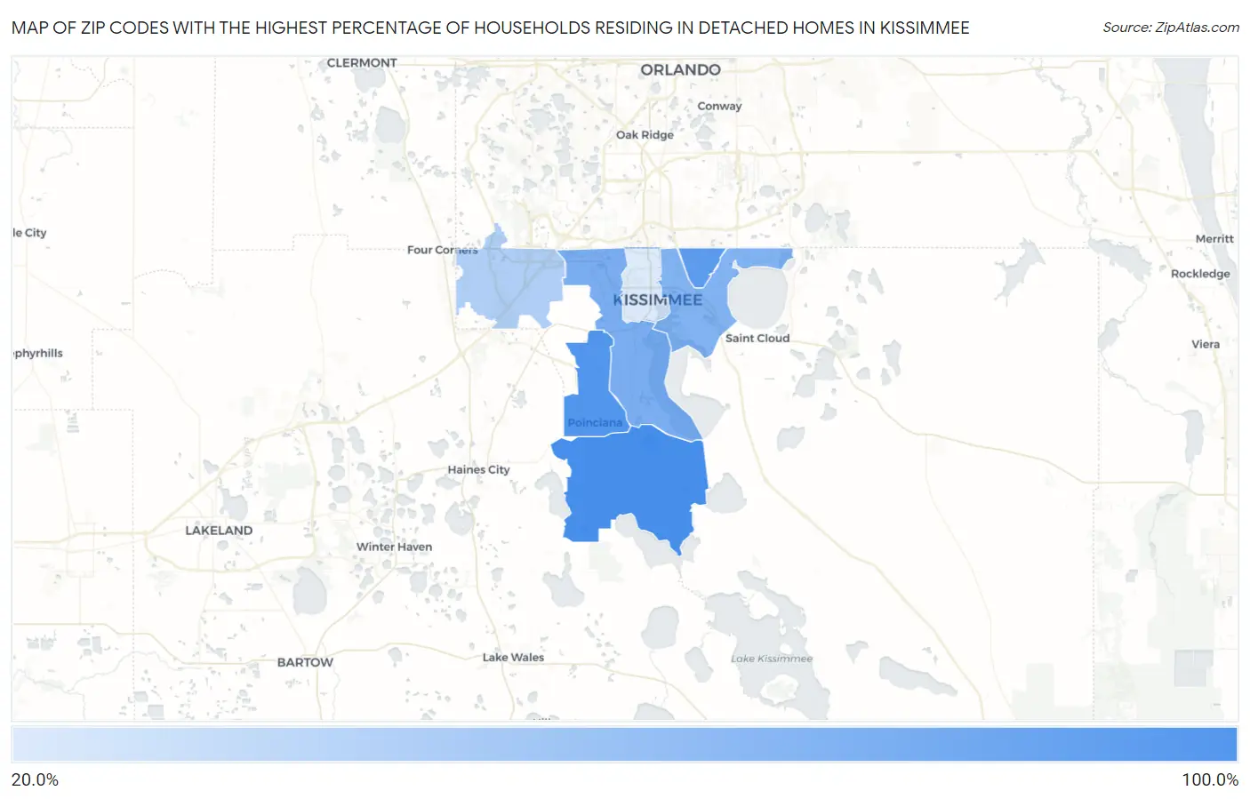 Zip Codes with the Highest Percentage of Households Residing in Detached Homes in Kissimmee Map