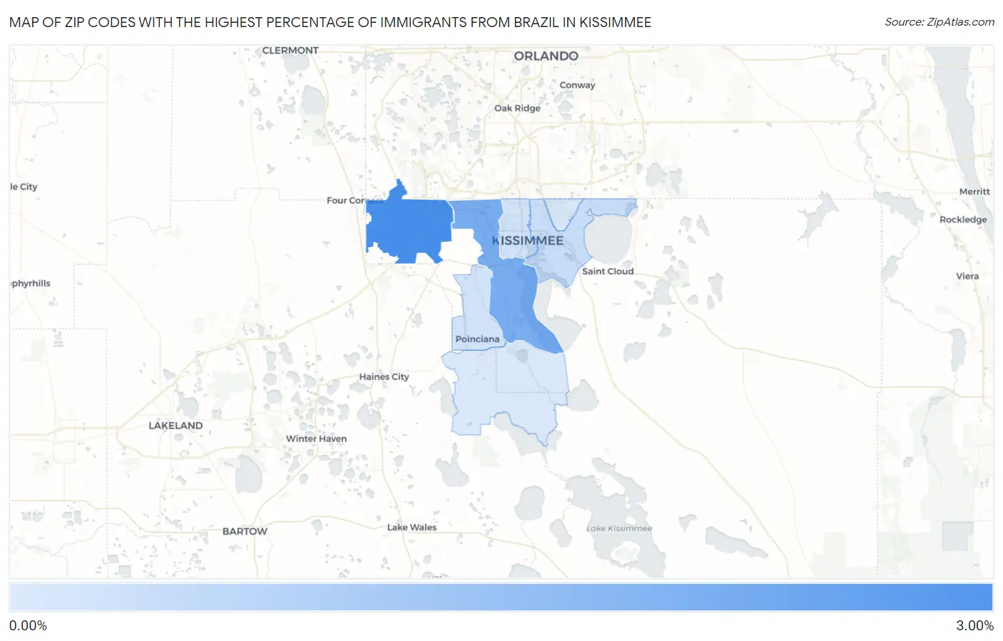 Zip Codes with the Highest Percentage of Immigrants from Brazil in Kissimmee Map
