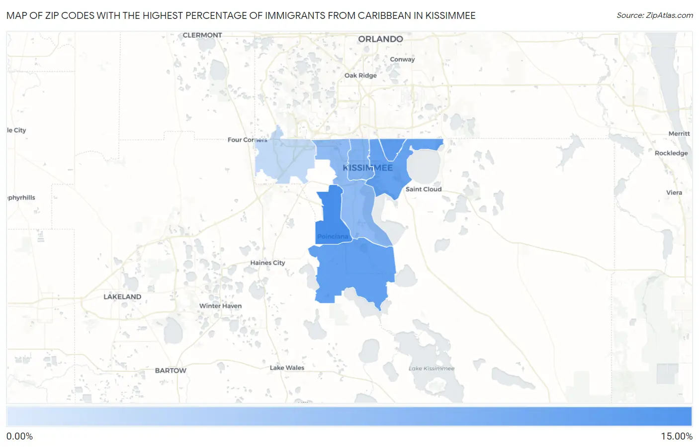 Zip Codes with the Highest Percentage of Immigrants from Caribbean in Kissimmee Map