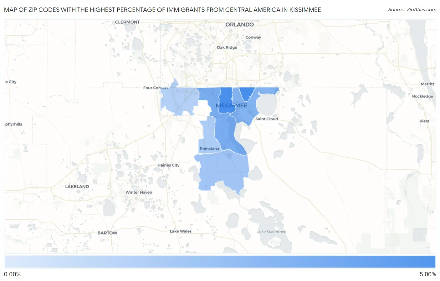 Zip Codes with the Highest Percentage of Immigrants from Central America in Kissimmee Map