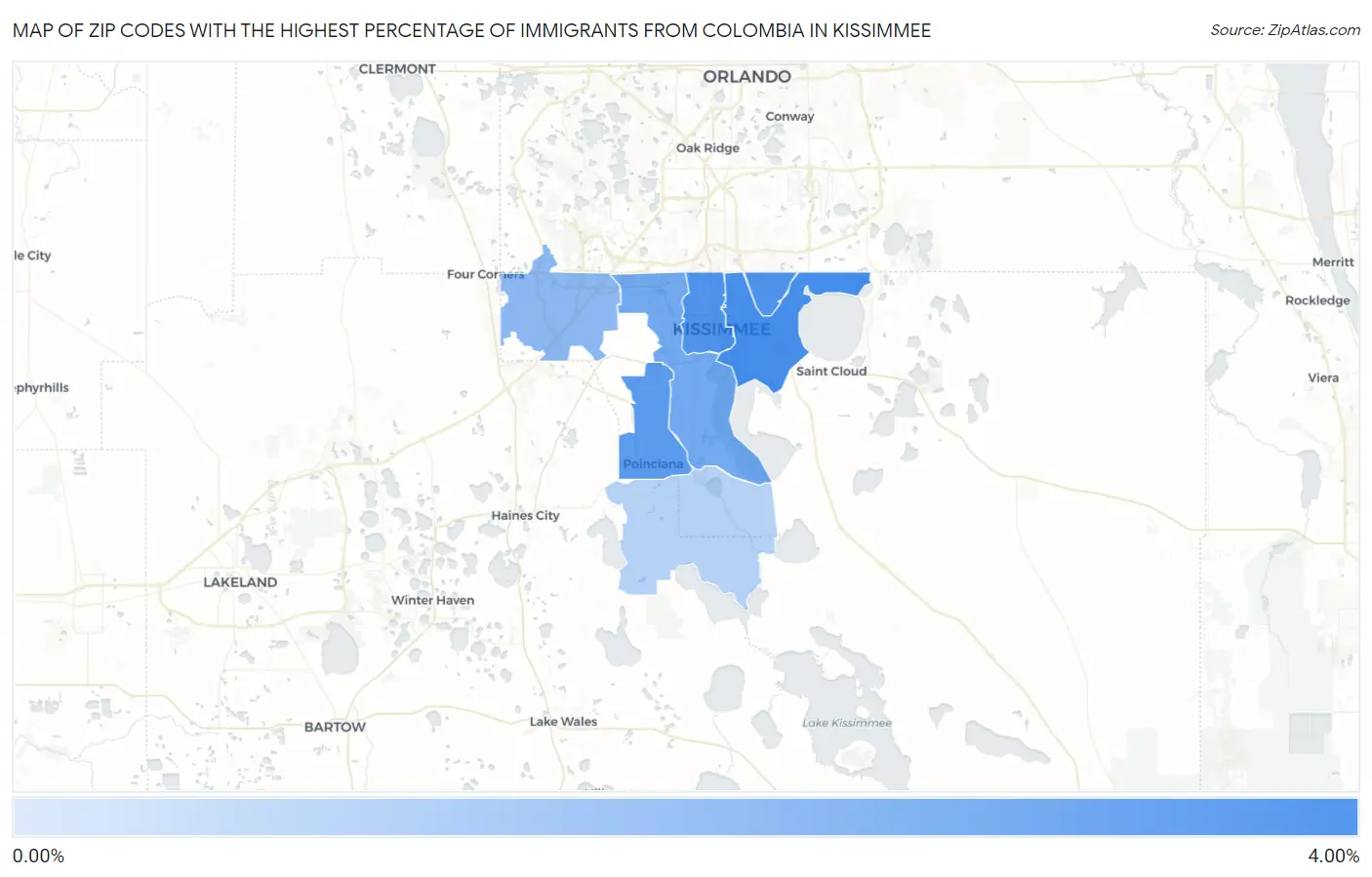 Zip Codes with the Highest Percentage of Immigrants from Colombia in Kissimmee Map
