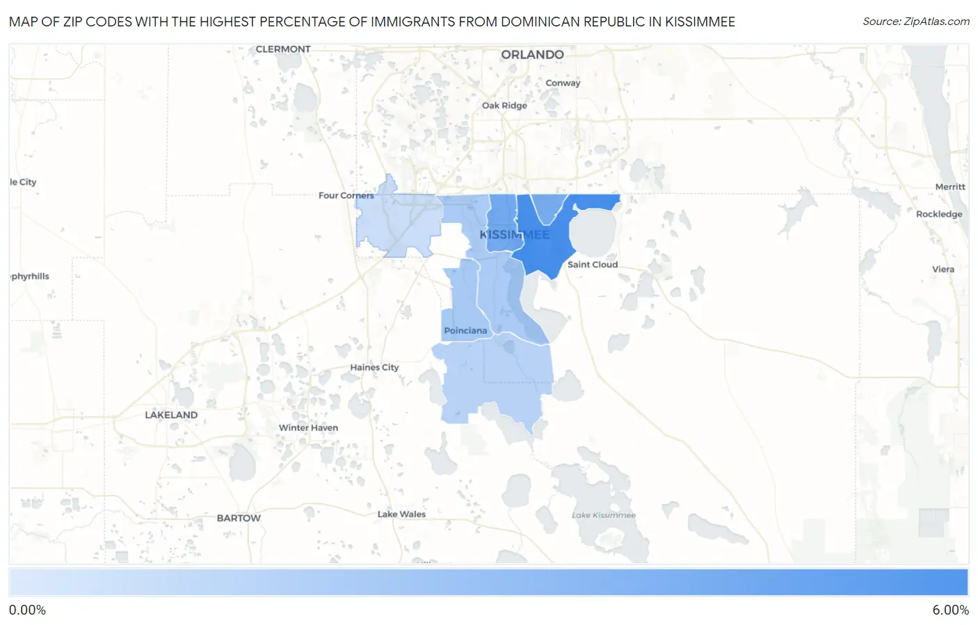 Zip Codes with the Highest Percentage of Immigrants from Dominican Republic in Kissimmee Map