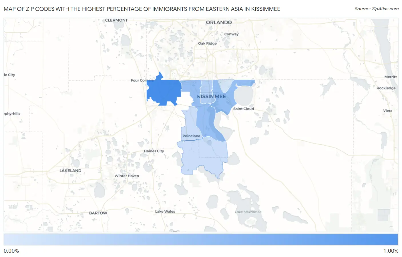 Zip Codes with the Highest Percentage of Immigrants from Eastern Asia in Kissimmee Map