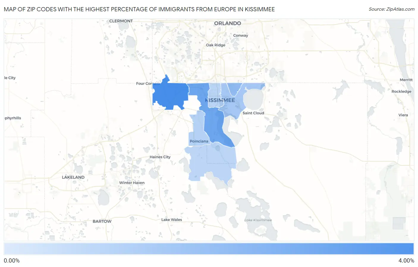 Zip Codes with the Highest Percentage of Immigrants from Europe in Kissimmee Map
