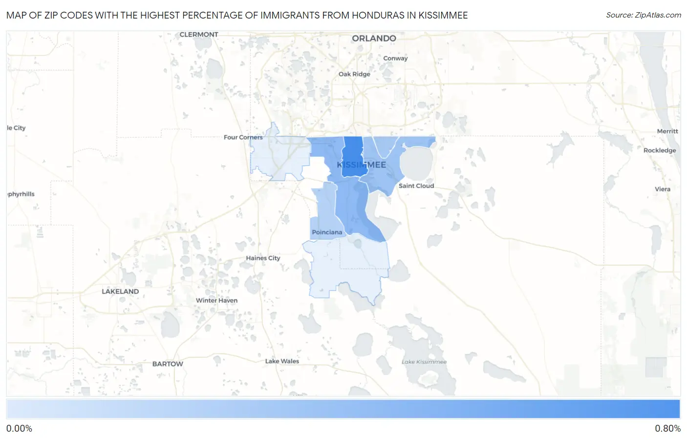 Zip Codes with the Highest Percentage of Immigrants from Honduras in Kissimmee Map
