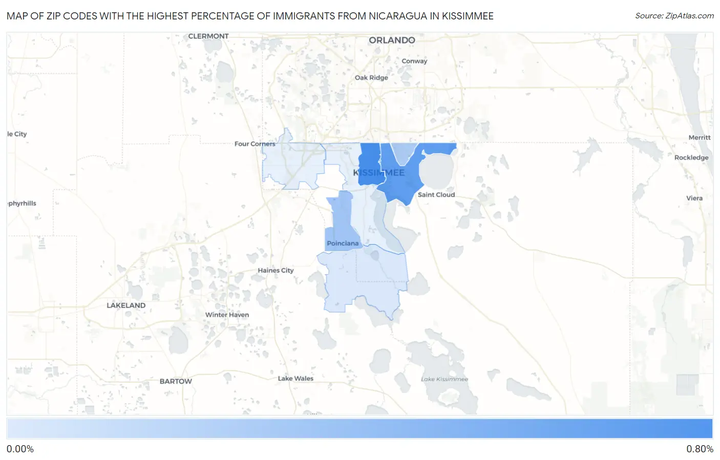 Zip Codes with the Highest Percentage of Immigrants from Nicaragua in Kissimmee Map