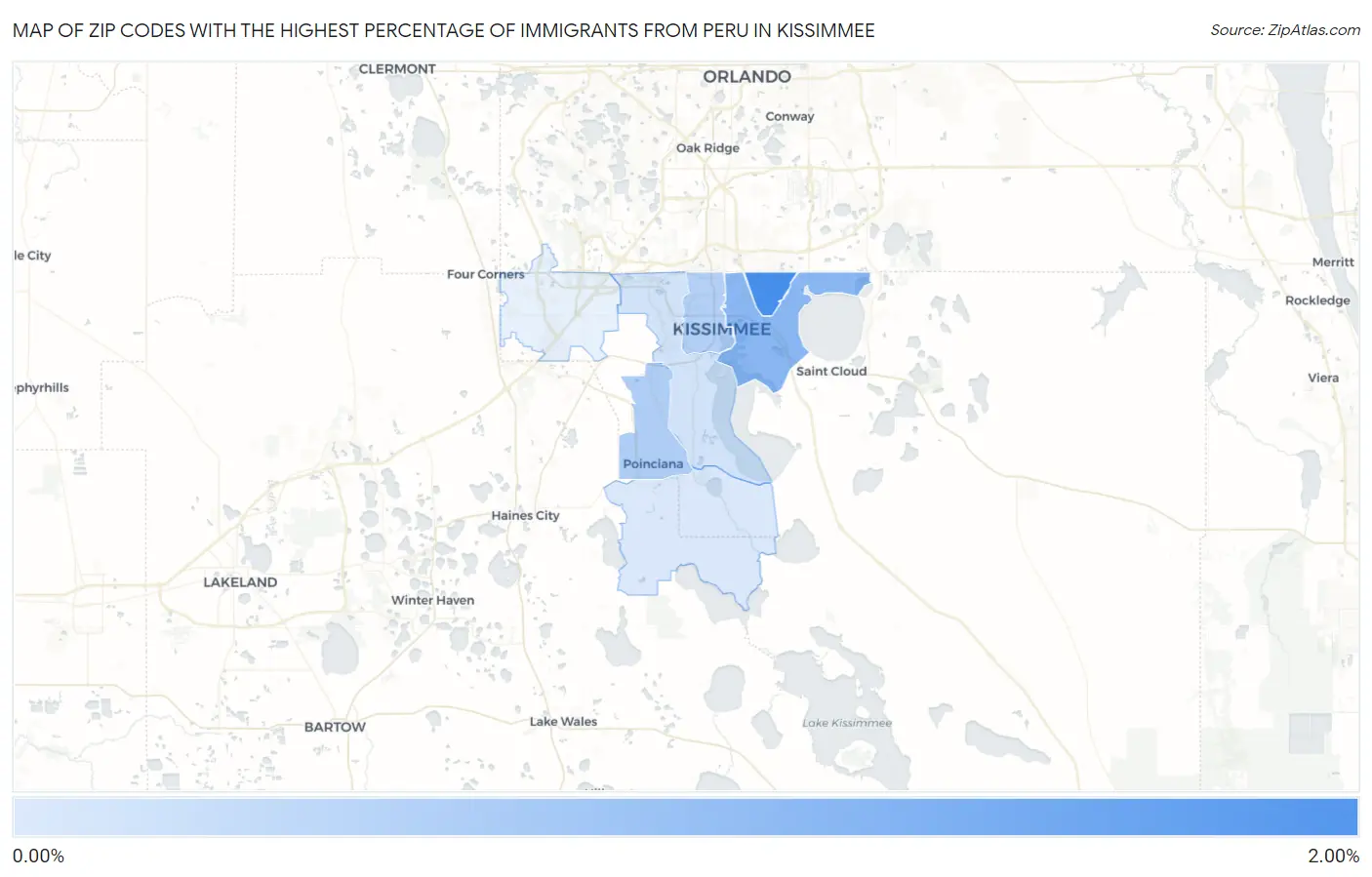 Zip Codes with the Highest Percentage of Immigrants from Peru in Kissimmee Map