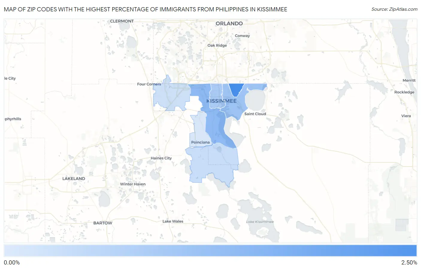 Zip Codes with the Highest Percentage of Immigrants from Philippines in Kissimmee Map