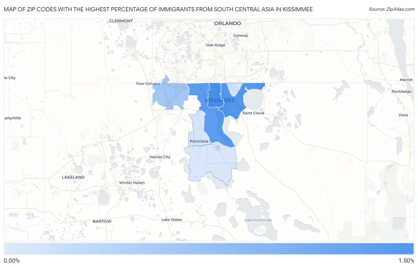 Zip Codes with the Highest Percentage of Immigrants from South Central Asia in Kissimmee Map