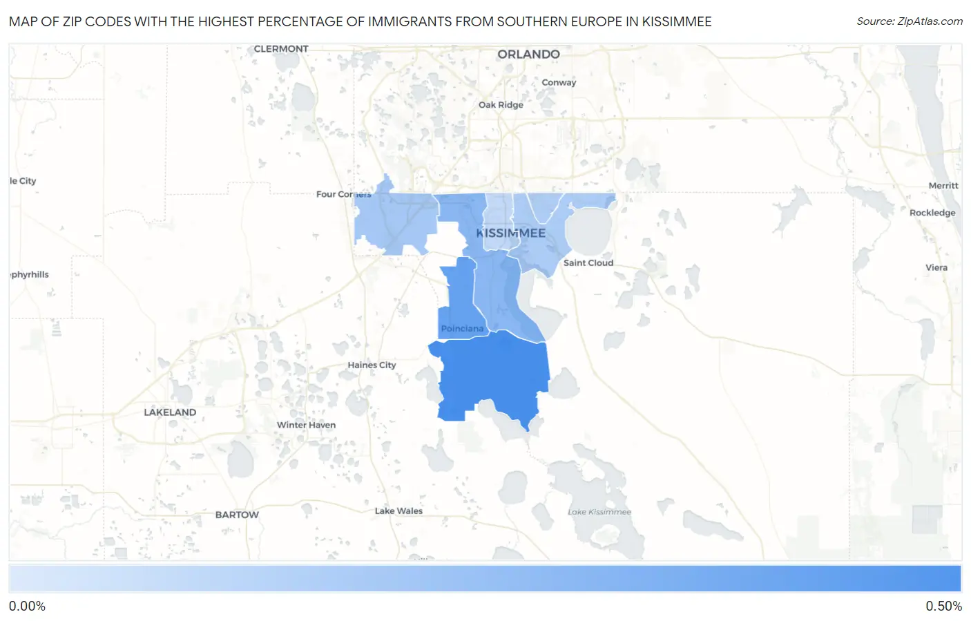 Zip Codes with the Highest Percentage of Immigrants from Southern Europe in Kissimmee Map
