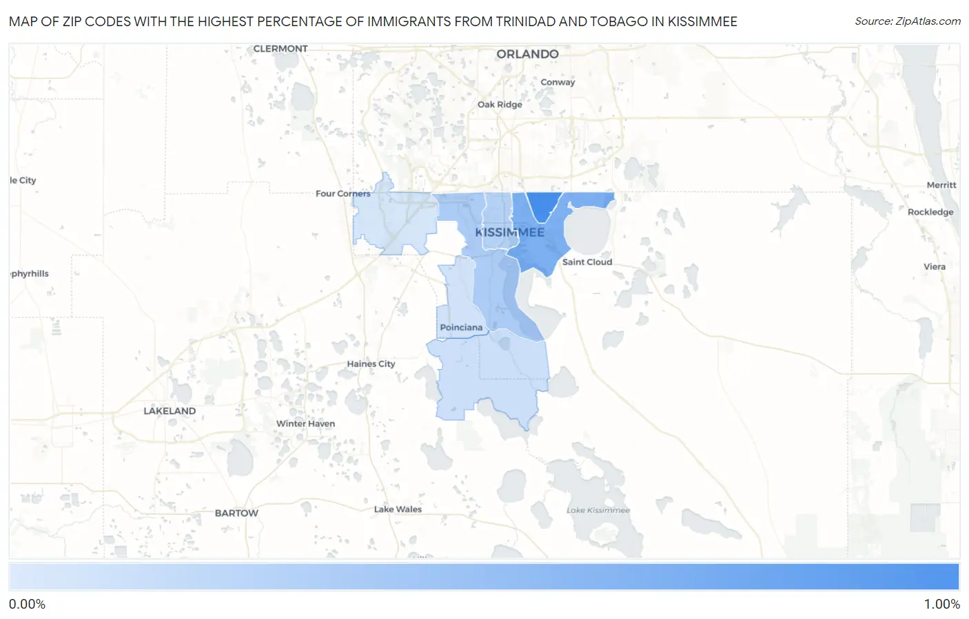 Zip Codes with the Highest Percentage of Immigrants from Trinidad and Tobago in Kissimmee Map