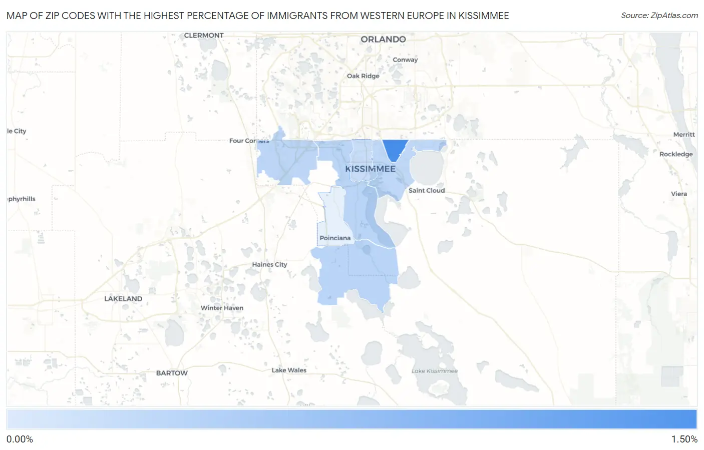 Zip Codes with the Highest Percentage of Immigrants from Western Europe in Kissimmee Map
