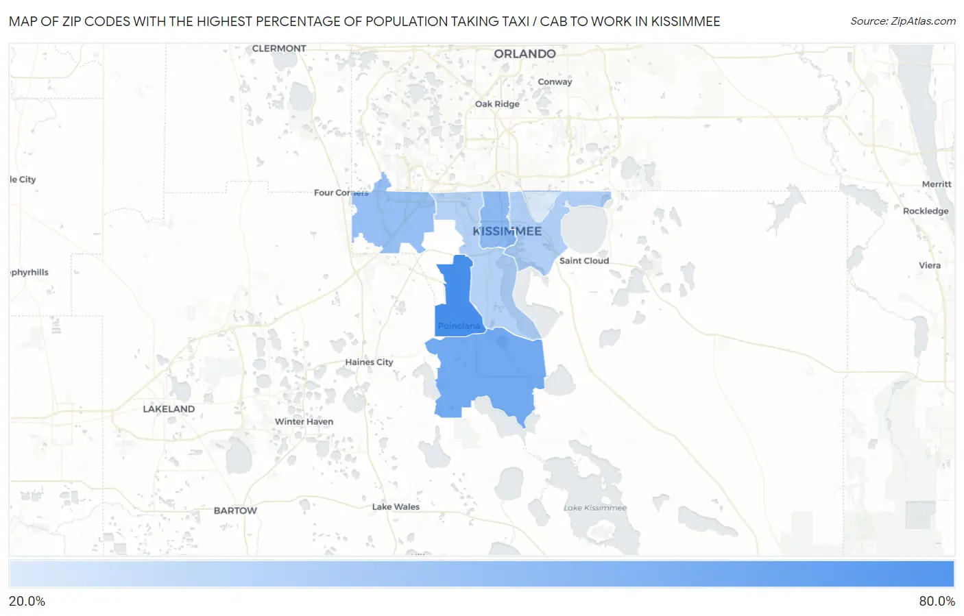Zip Codes with the Highest Percentage of Population Taking Taxi / Cab to Work in Kissimmee Map