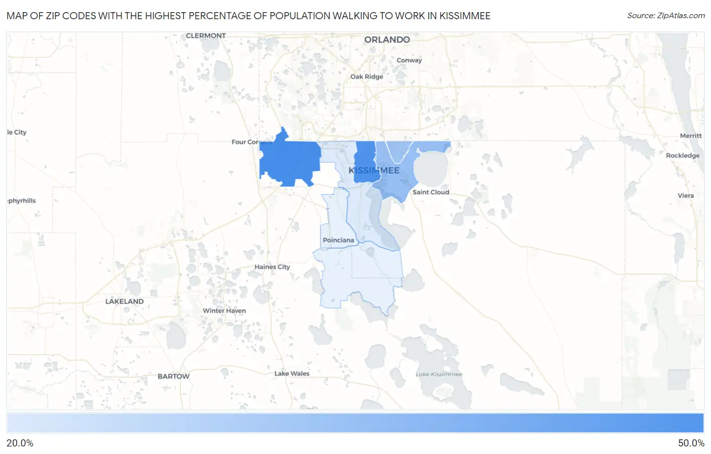 Zip Codes with the Highest Percentage of Population Walking to Work in Kissimmee Map