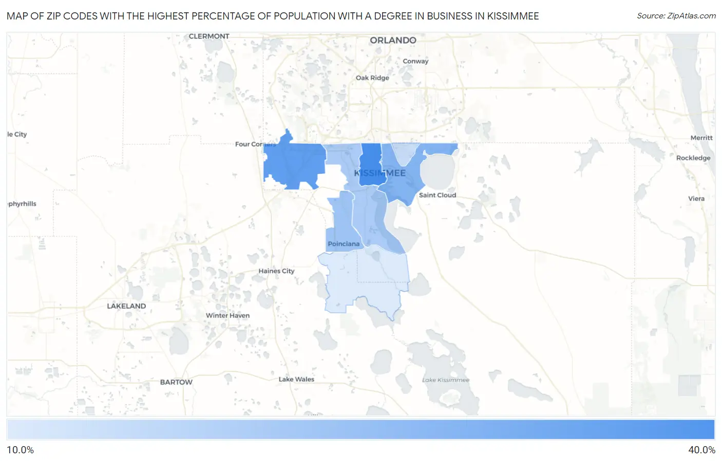 Zip Codes with the Highest Percentage of Population with a Degree in Business in Kissimmee Map