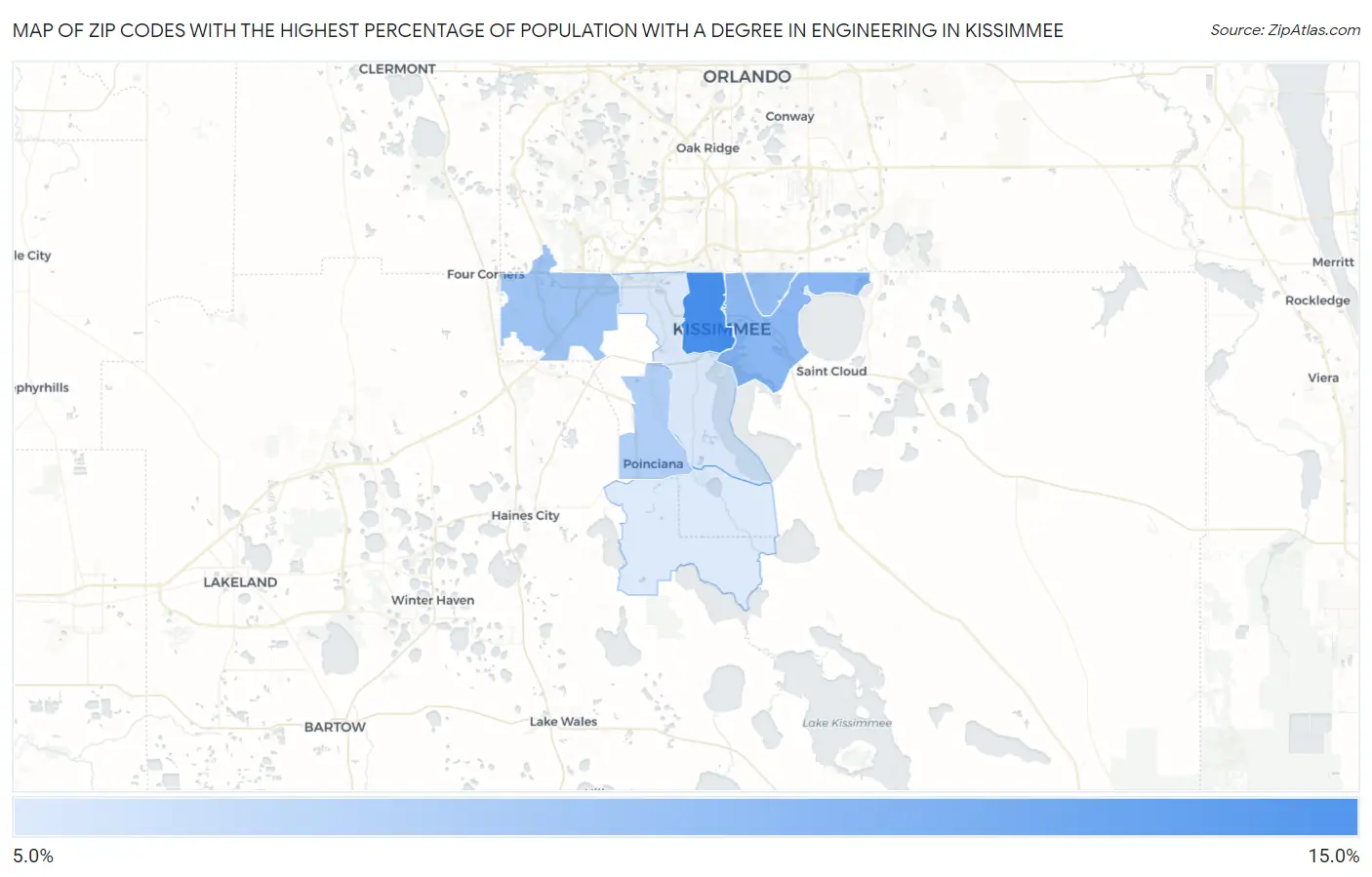 Zip Codes with the Highest Percentage of Population with a Degree in Engineering in Kissimmee Map