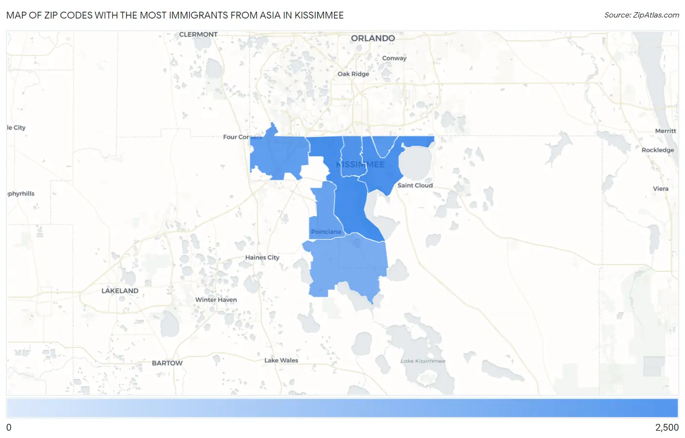 Zip Codes with the Most Immigrants from Asia in Kissimmee Map
