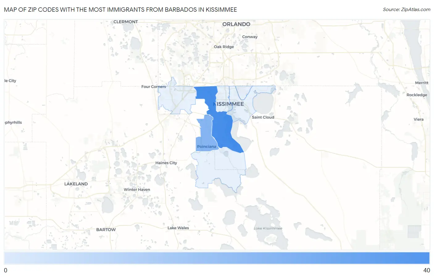 Zip Codes with the Most Immigrants from Barbados in Kissimmee Map