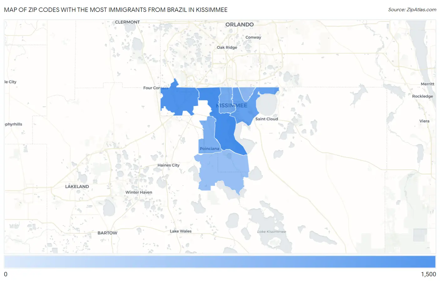Zip Codes with the Most Immigrants from Brazil in Kissimmee Map
