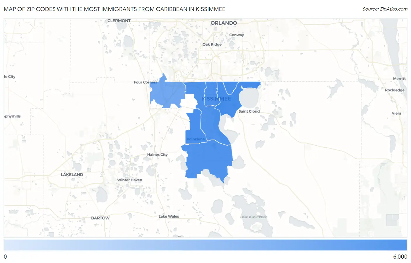 Zip Codes with the Most Immigrants from Caribbean in Kissimmee Map