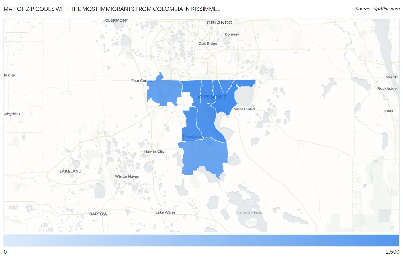 Zip Codes with the Most Immigrants from Colombia in Kissimmee Map