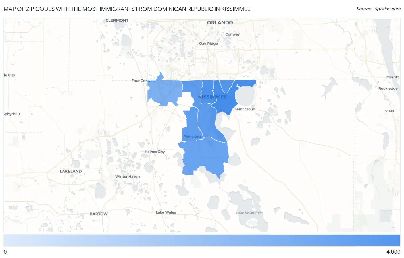 Zip Codes with the Most Immigrants from Dominican Republic in Kissimmee Map