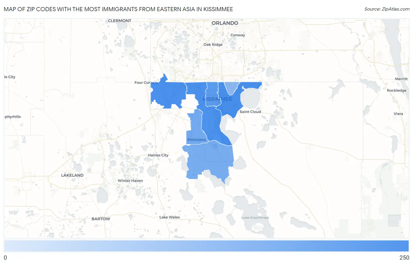 Zip Codes with the Most Immigrants from Eastern Asia in Kissimmee Map