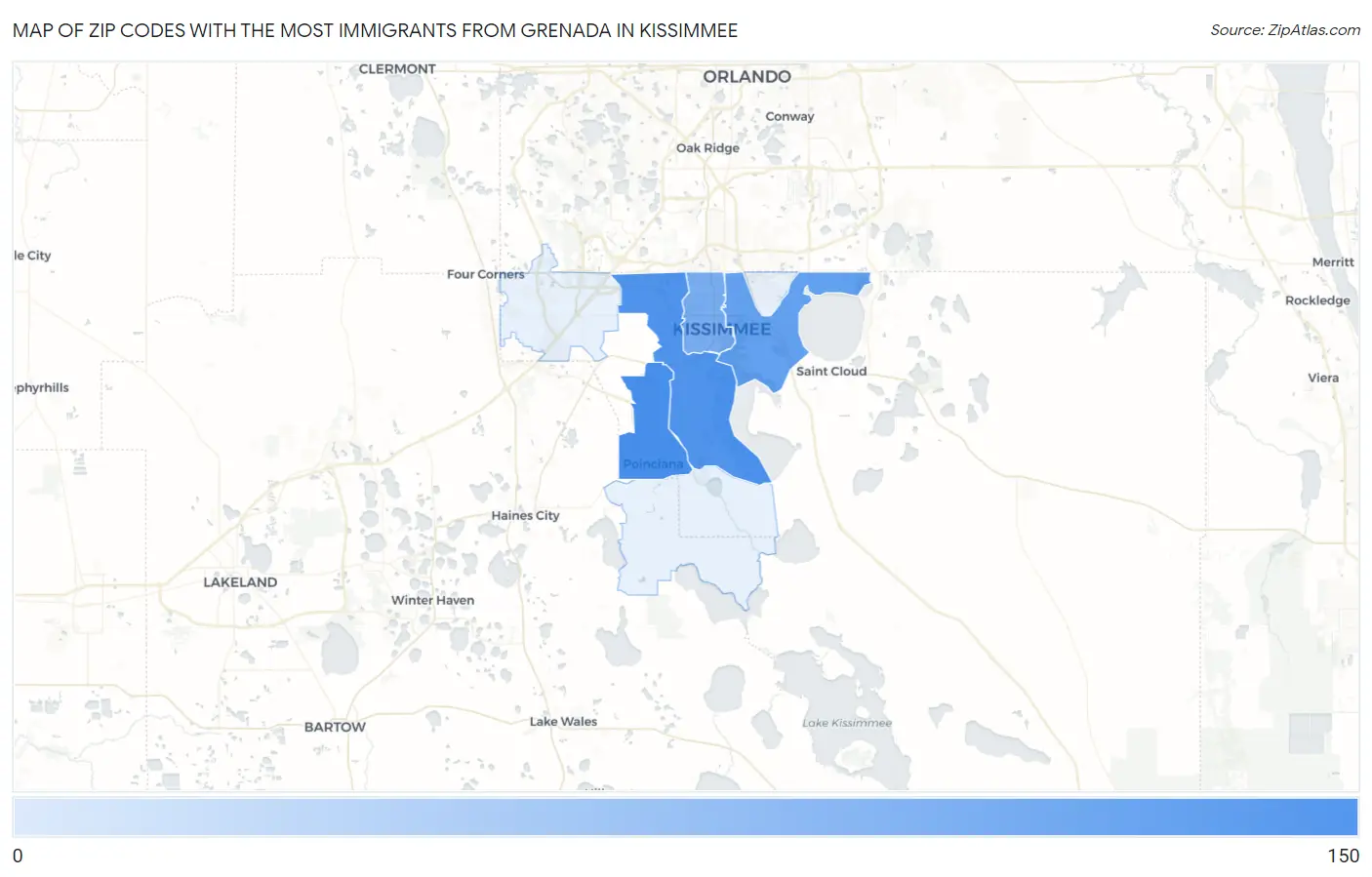 Zip Codes with the Most Immigrants from Grenada in Kissimmee Map
