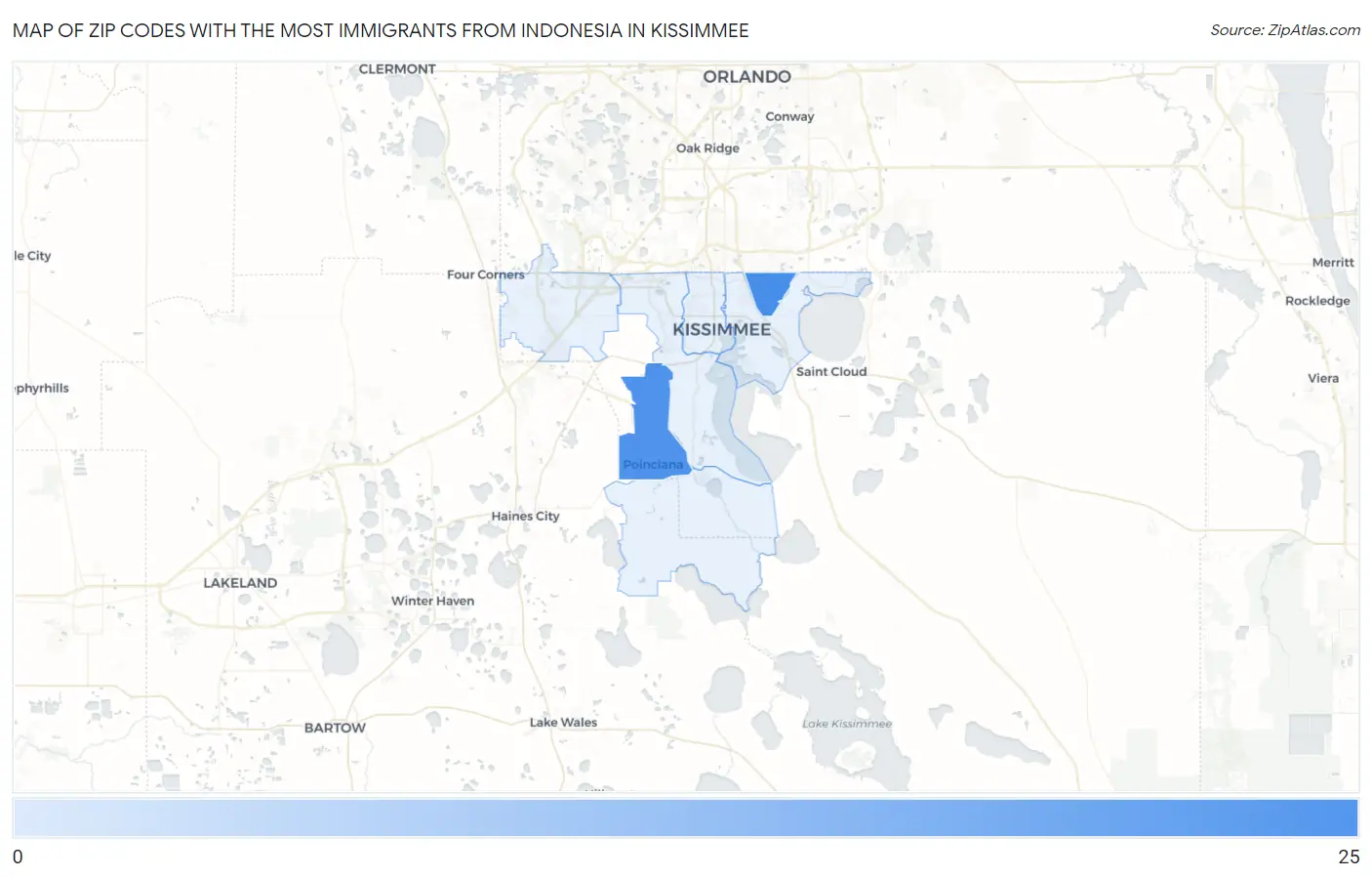 Zip Codes with the Most Immigrants from Indonesia in Kissimmee Map