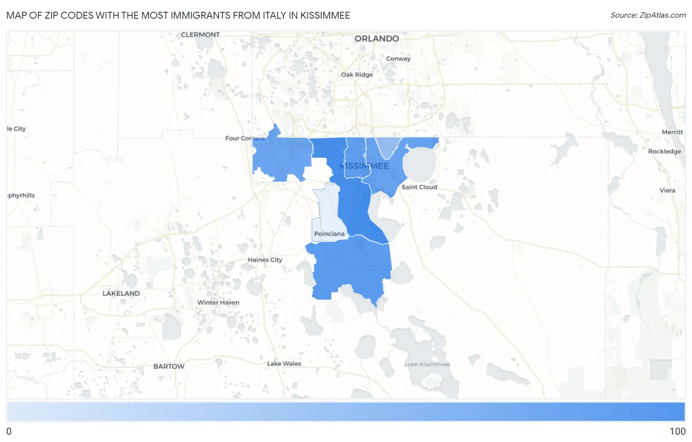 Zip Codes with the Most Immigrants from Italy in Kissimmee Map