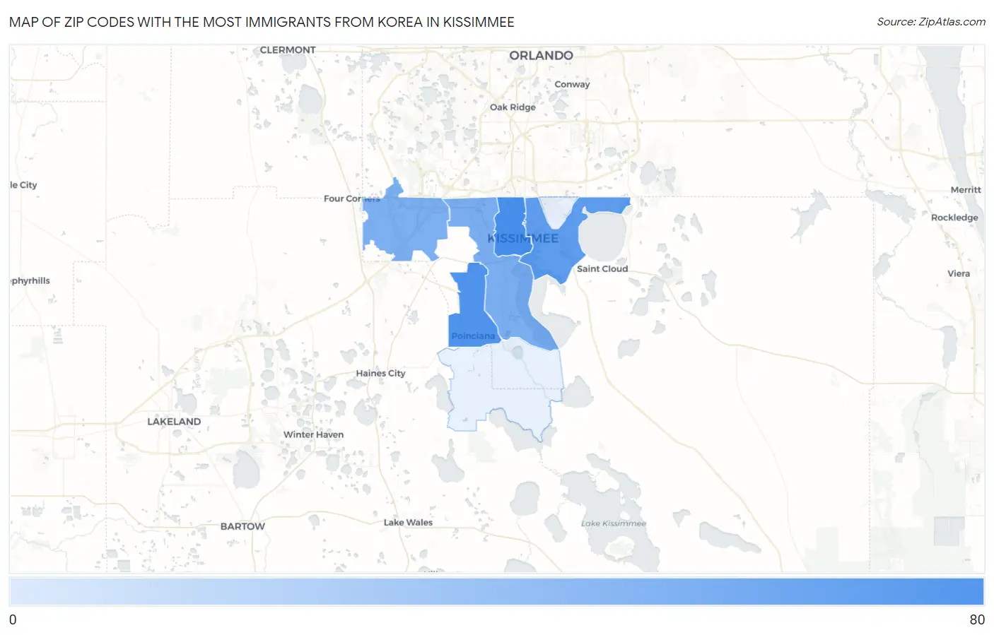 Zip Codes with the Most Immigrants from Korea in Kissimmee Map