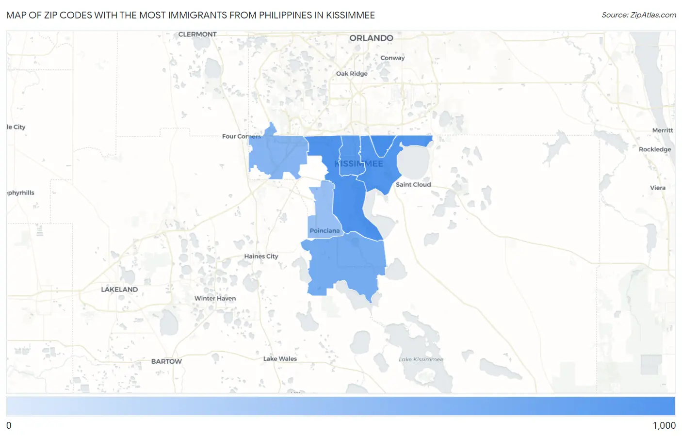 Zip Codes with the Most Immigrants from Philippines in Kissimmee Map