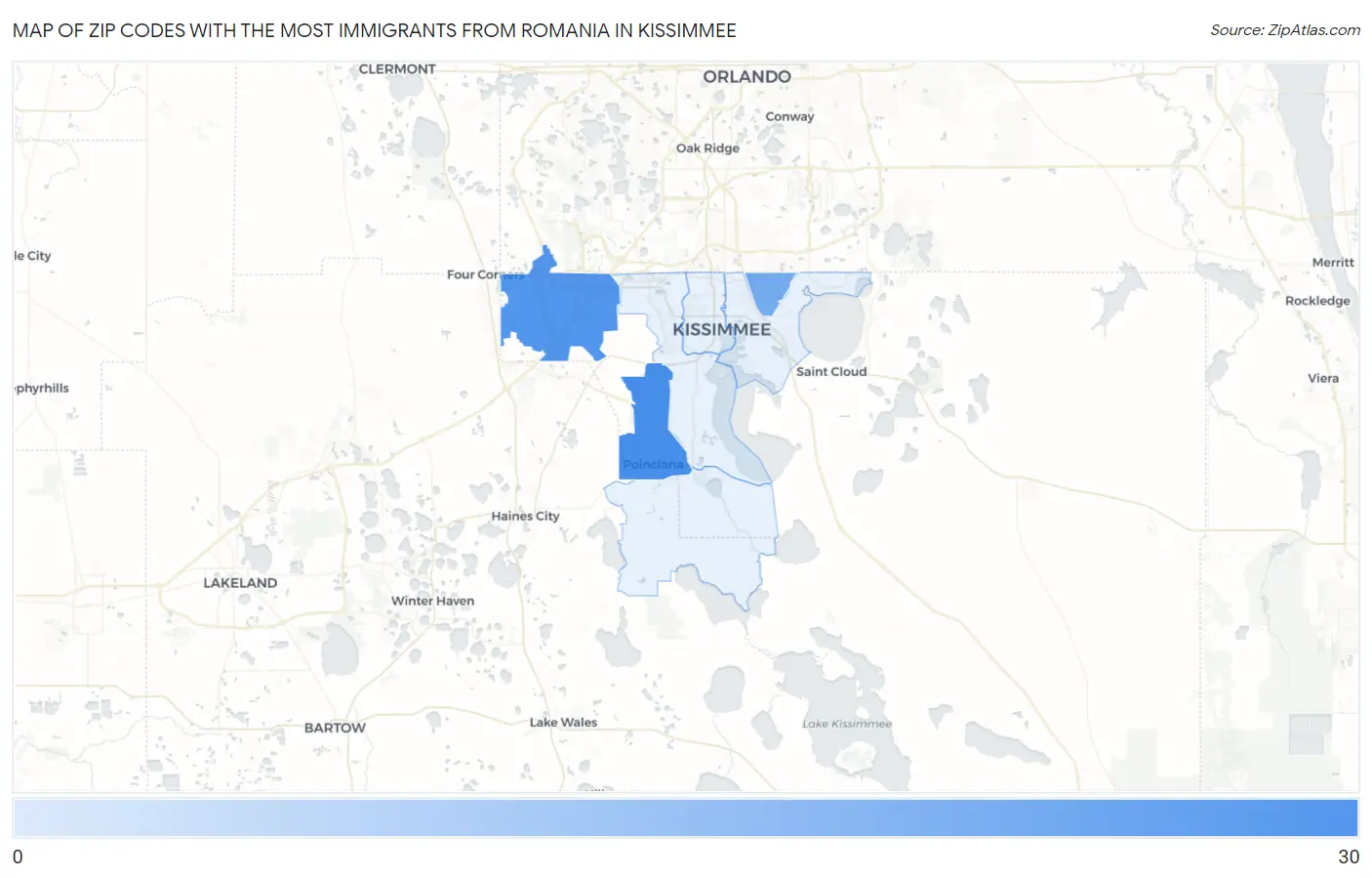 Zip Codes with the Most Immigrants from Romania in Kissimmee Map