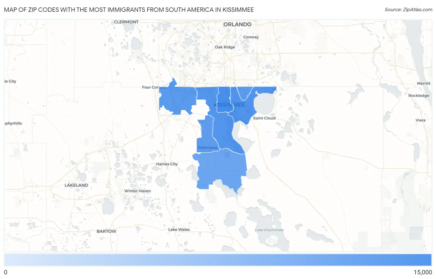 Zip Codes with the Most Immigrants from South America in Kissimmee Map