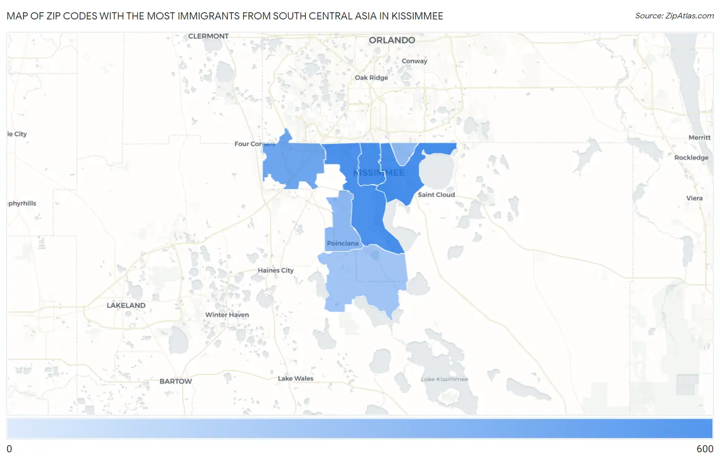 Zip Codes with the Most Immigrants from South Central Asia in Kissimmee Map