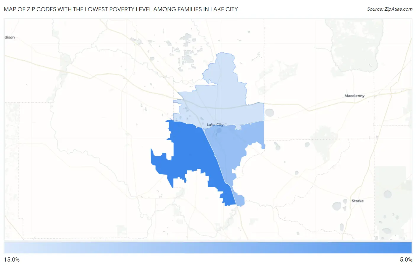 Zip Codes with the Lowest Poverty Level Among Families in Lake City Map