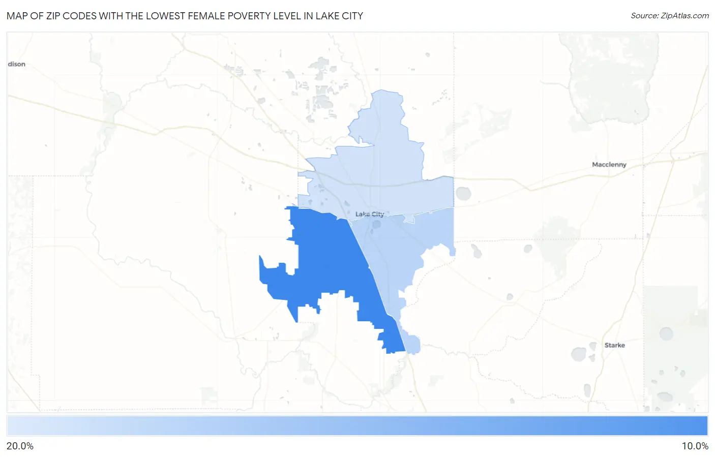 Zip Codes with the Lowest Female Poverty Level in Lake City Map