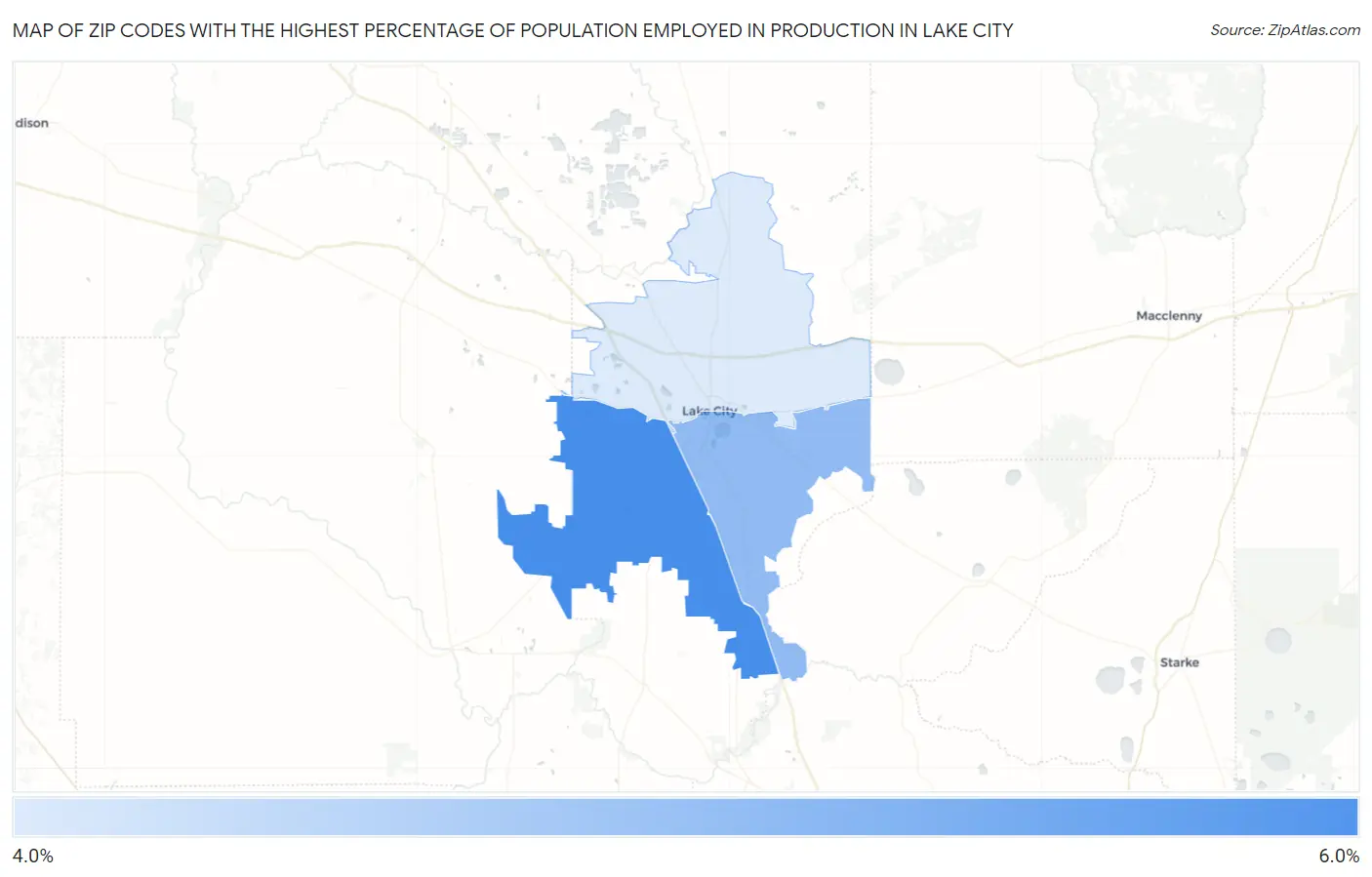 Zip Codes with the Highest Percentage of Population Employed in Production in Lake City Map