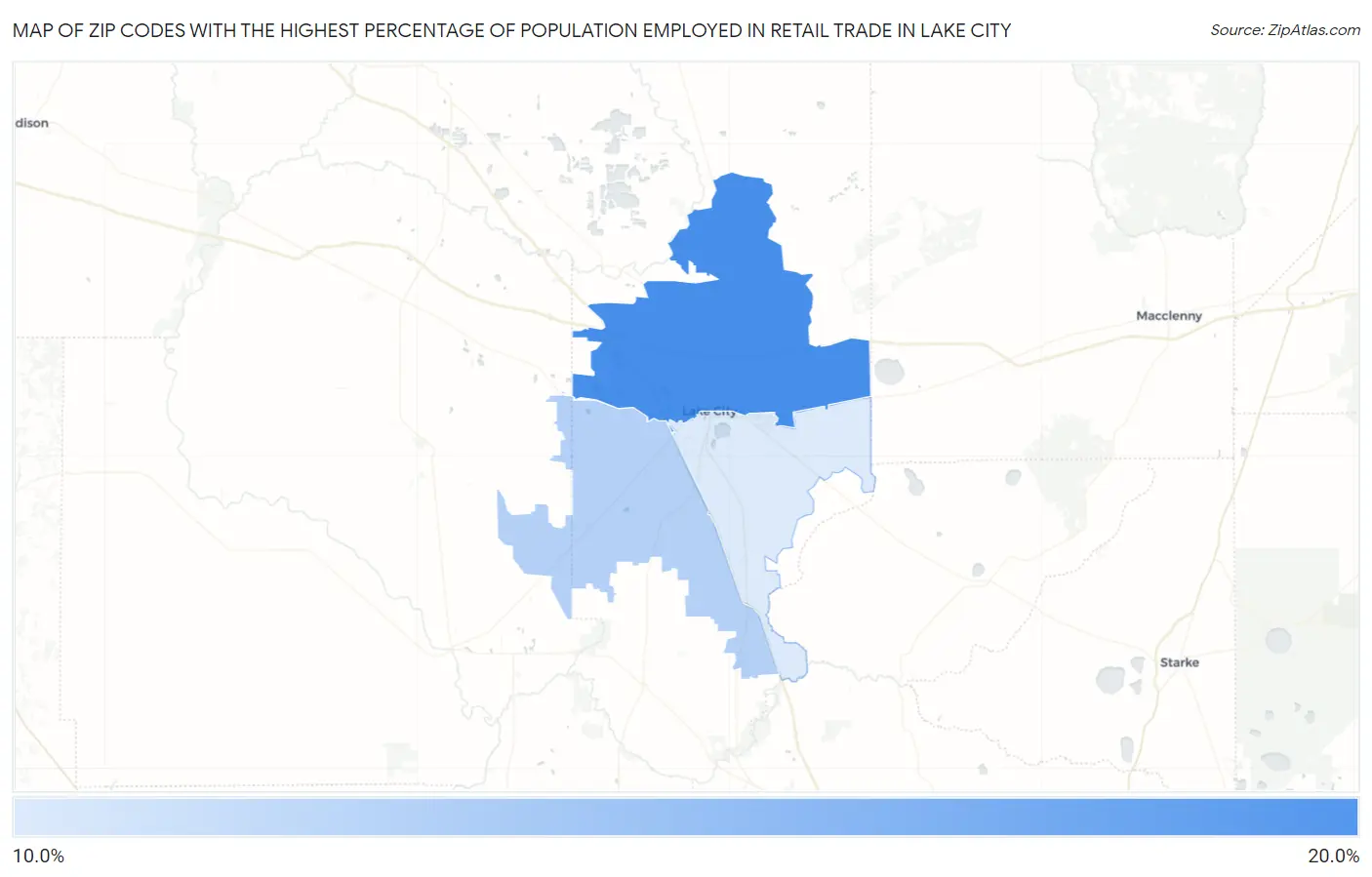 Zip Codes with the Highest Percentage of Population Employed in Retail Trade in Lake City Map