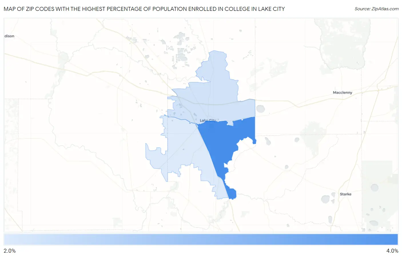 Zip Codes with the Highest Percentage of Population Enrolled in College in Lake City Map