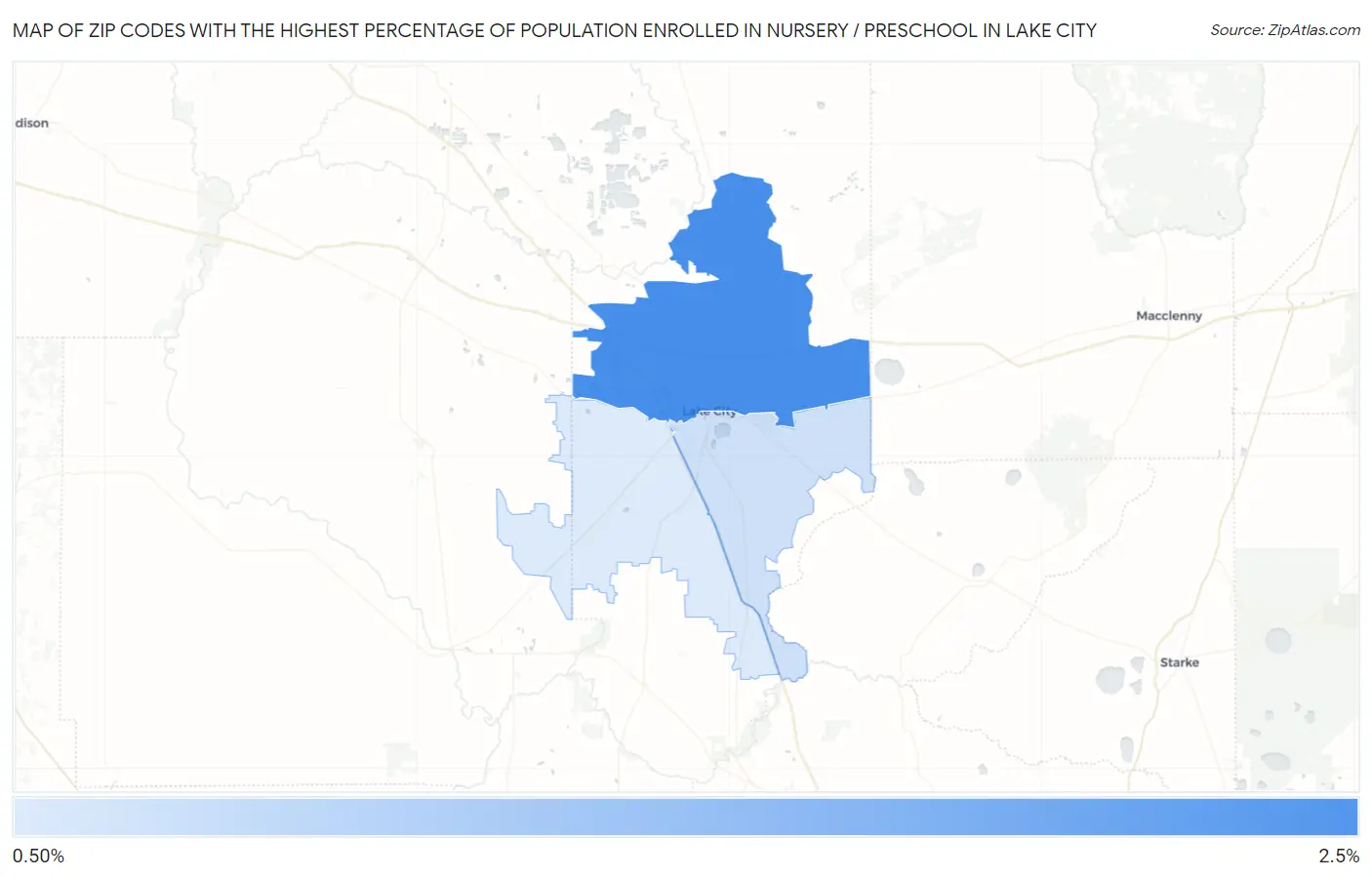 Zip Codes with the Highest Percentage of Population Enrolled in Nursery / Preschool in Lake City Map
