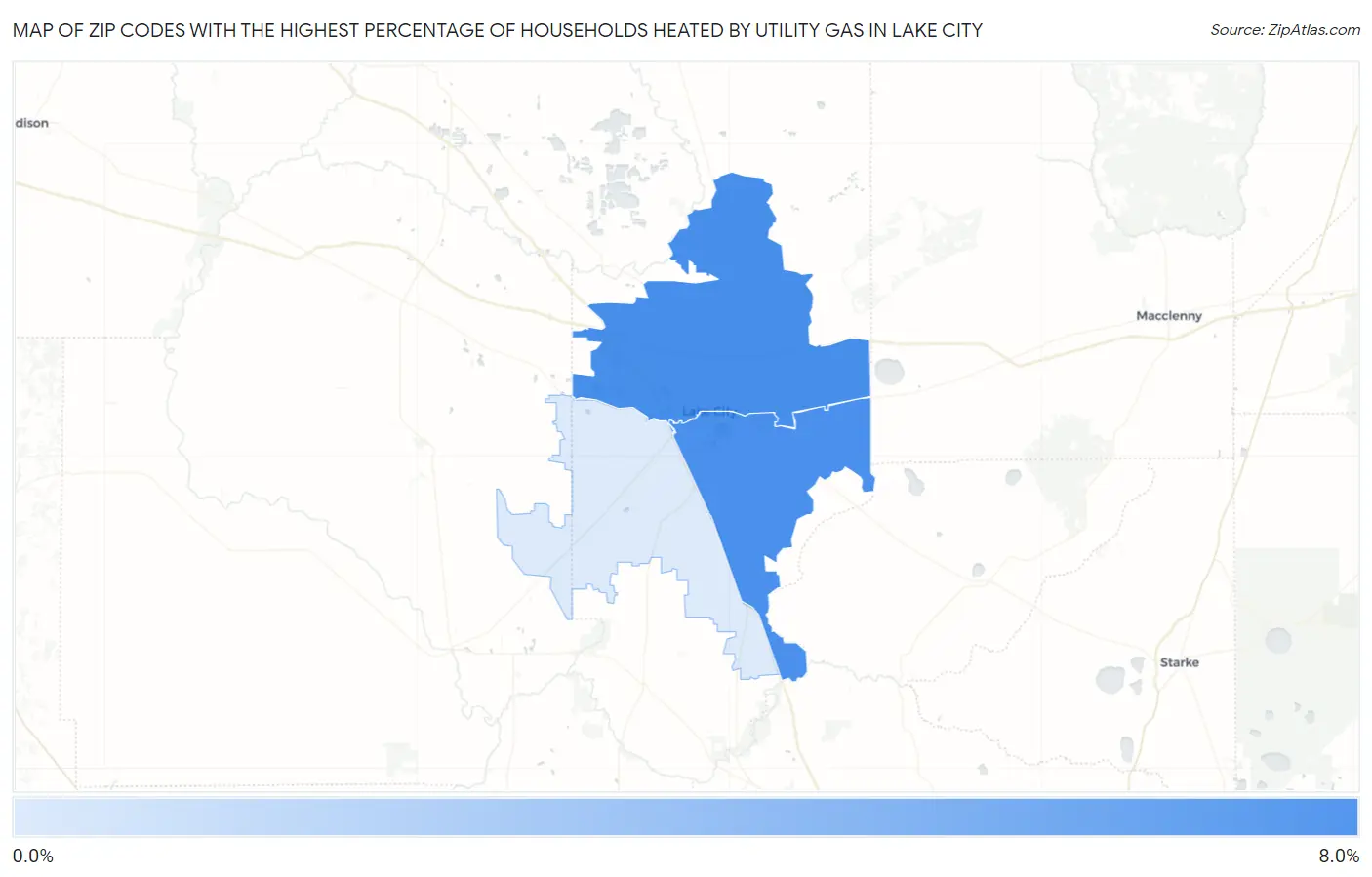 Zip Codes with the Highest Percentage of Households Heated by Utility Gas in Lake City Map
