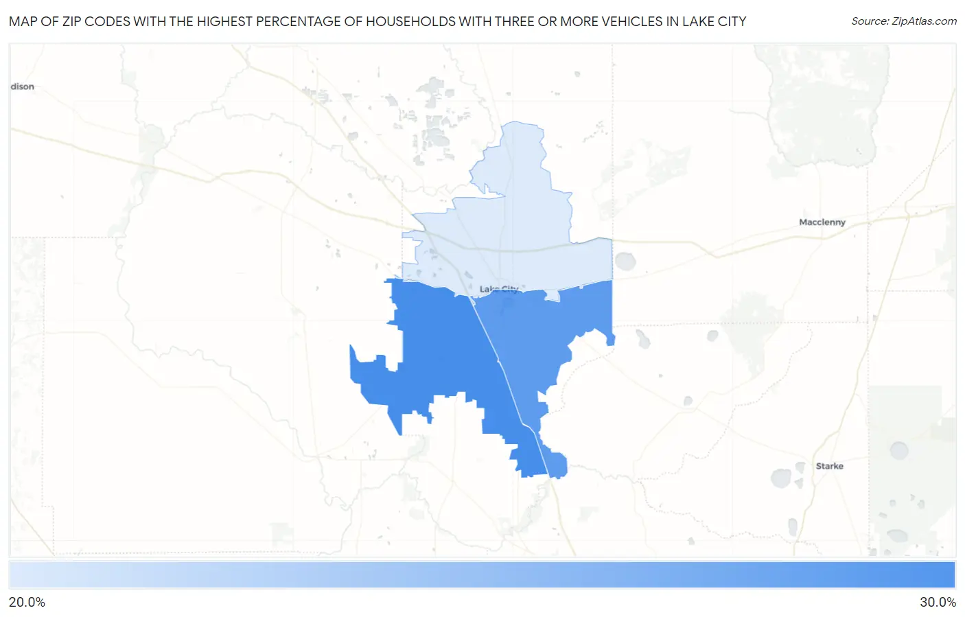 Zip Codes with the Highest Percentage of Households With Three or more Vehicles in Lake City Map