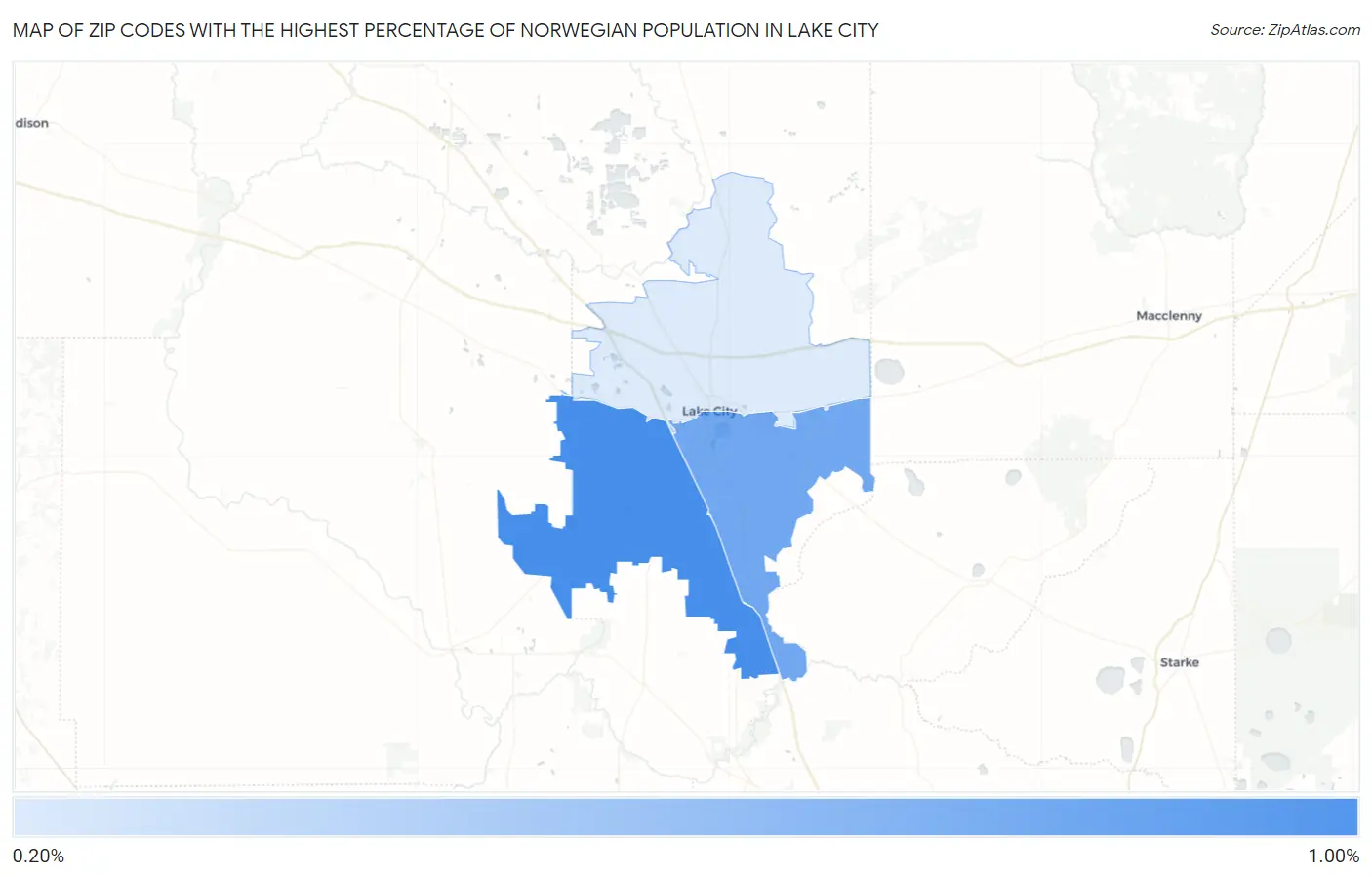 Zip Codes with the Highest Percentage of Norwegian Population in Lake City Map
