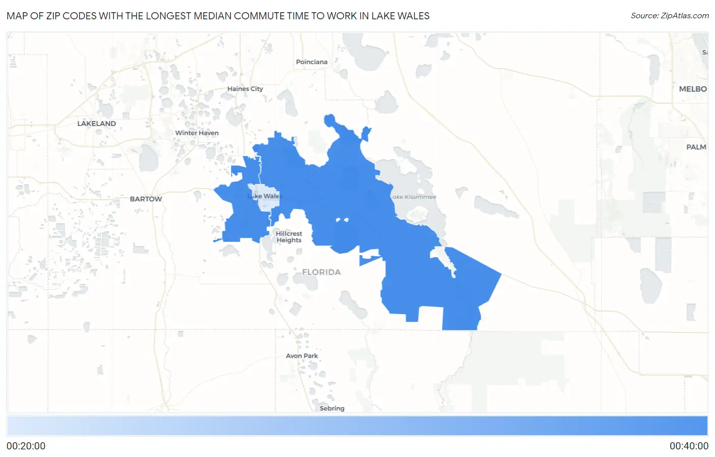 Zip Codes with the Longest Median Commute Time to Work in Lake Wales Map