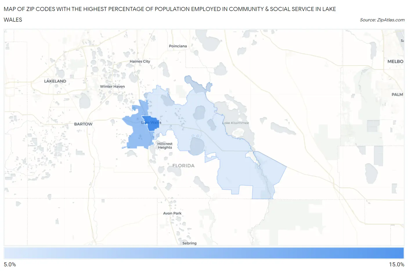 Zip Codes with the Highest Percentage of Population Employed in Community & Social Service  in Lake Wales Map